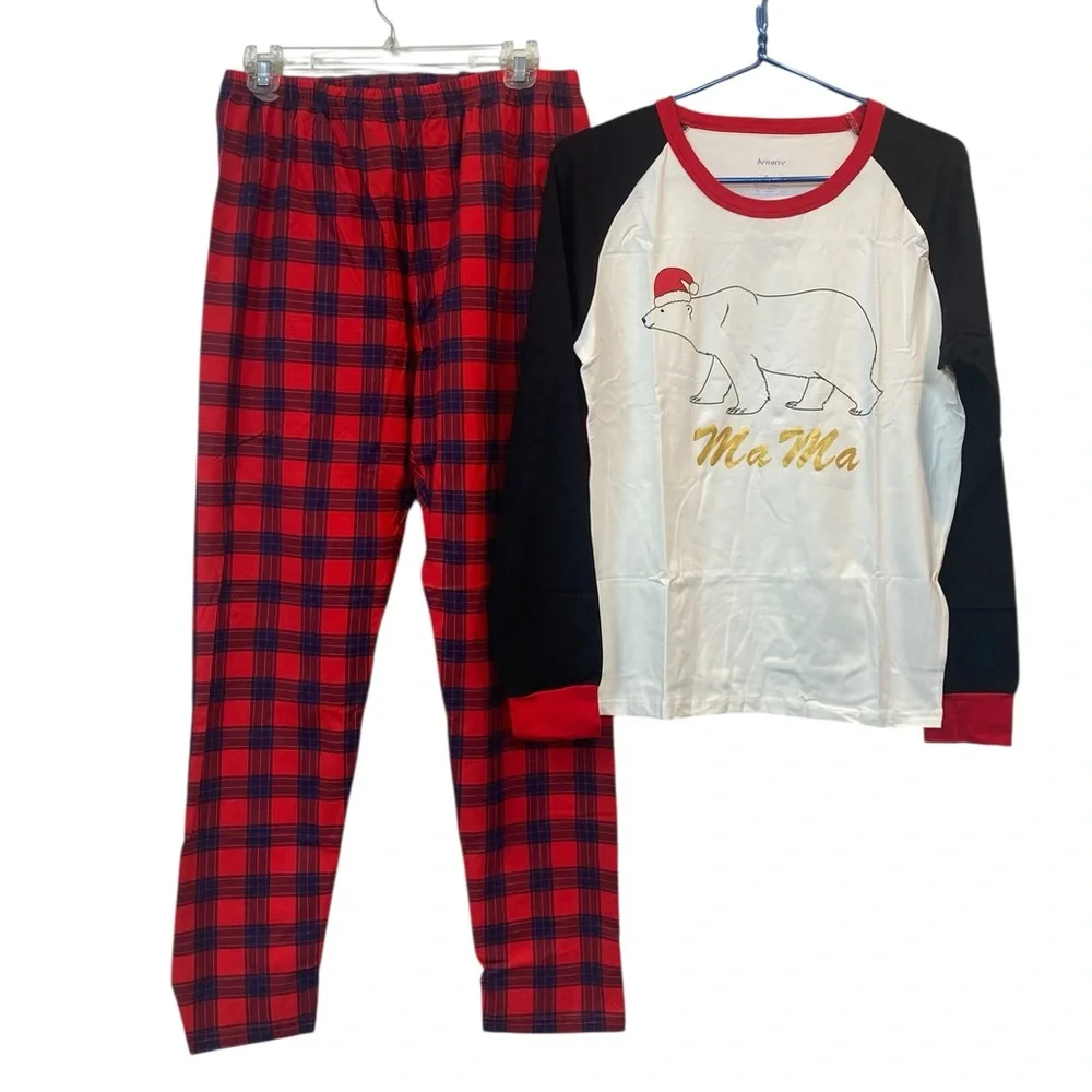 Benaive Womens Large Red Plaid Polar MA MA Bear graphic Pajama Set Christmas NEW